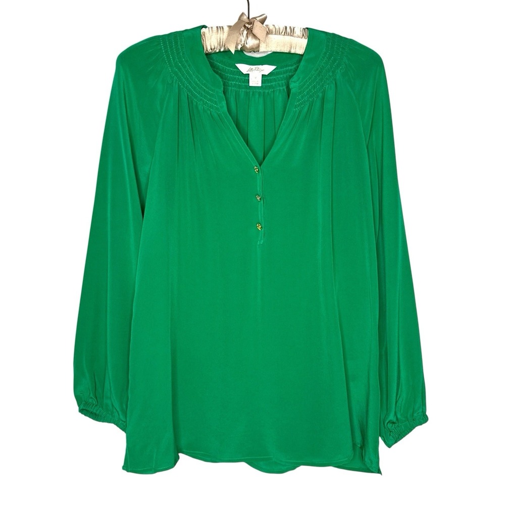 NWOT Lilly Pulitzer Elsa 100% Silk Blouse Kelly Green Long Sleeve Size Large